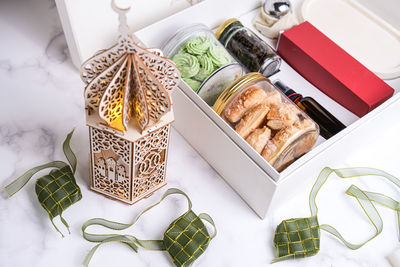 High angle view of christmas decorations on table