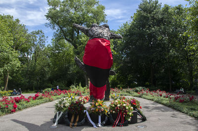 Rear view of woman with red flower against trees