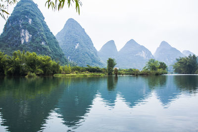 Scenic view of lake and mountains against clear sky