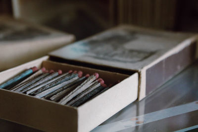 Close-up of piano keys on table