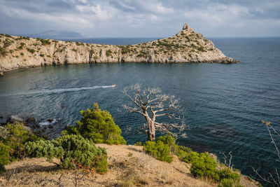 Panorama of cape kapchik near coastline of black sea. novyi svit, crimea