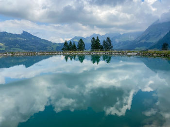 Scenic view of lake and mountains against sky