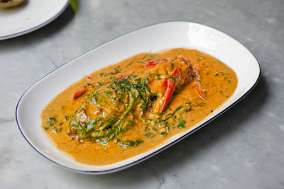 High angle view of soup in bowl on table