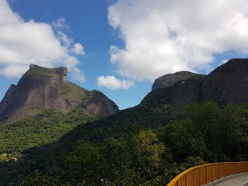 Low angle view of mountain against cloudy sky