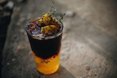 High angle view of drink in glass on table