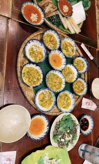 High angle view of meal served on table