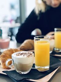 Close-up of drink served on table breakfast 