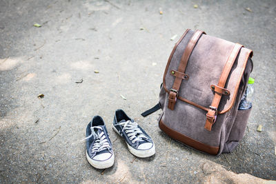 High angle view of a backpack outdoors