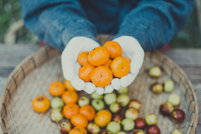 Midsection of person holding oranges in hand at farm