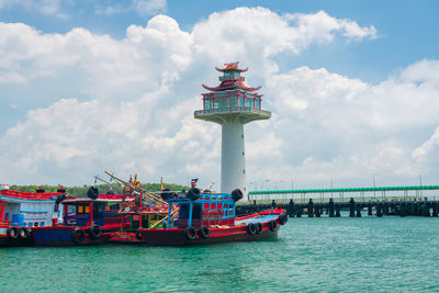 Lighthouse by sea against sky