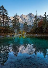 Scenic view of lake by mountains against sky