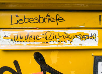 Close-up of text on yellow wall