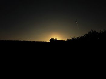 Silhouette trees on field against clear sky at sunset