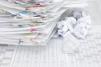 High angle view of documents on table