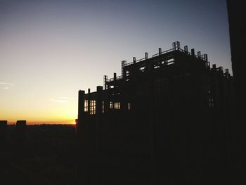 Buildings in city at sunset