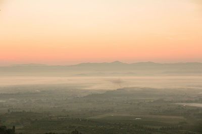 High angle view of landscape against sky during sunset