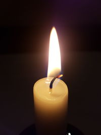 Close-up of illuminated candle in darkroom