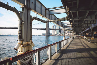 Brooklyn bridge over east river seen from pier