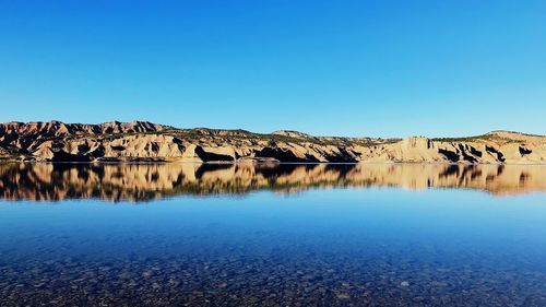 Panoramic view of lake against clear blue sky