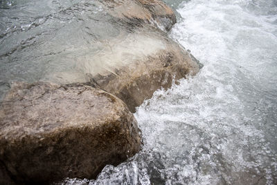 High angle view of water flowing through rocks