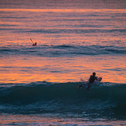 People enjoying in sea during sunset