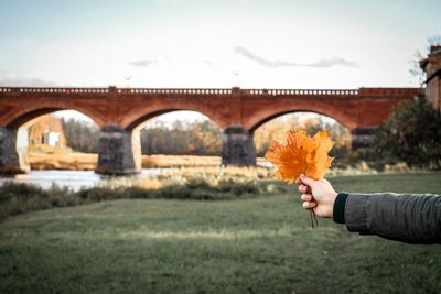 Person holding arch bridge against sky