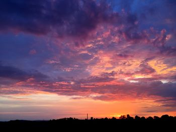 Low angle view of silhouette trees against dramatic sky