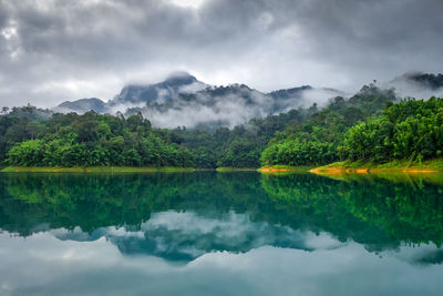 Scenic view of lake and mountains against sky