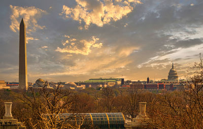 High angle view of townscape against sky at sunset