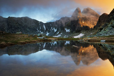 Scenic view of lake and mountains against sky