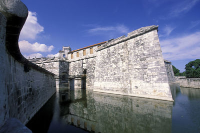 Built structure by canal against sky