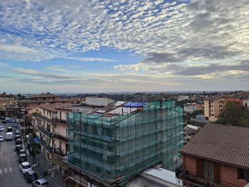 High angle view of townscape against sky during sunset