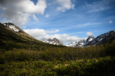 Scenic view of snowcapped mountains against sky