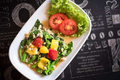 High angle view of meal served on table