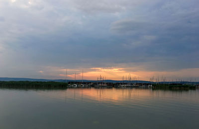 Scenic view of lake against sky during sunset