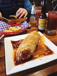 Close-up of food served on table