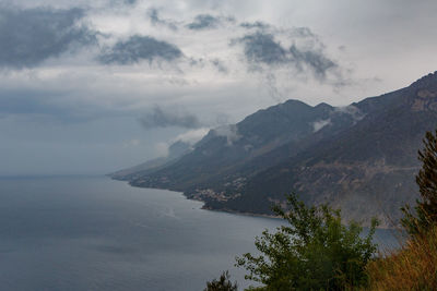 Scenic view of mountains and sea against sky