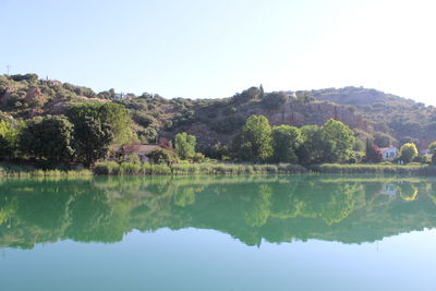 Scenic view of lake against clear sky