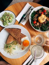 High angle view of breakfast served on table