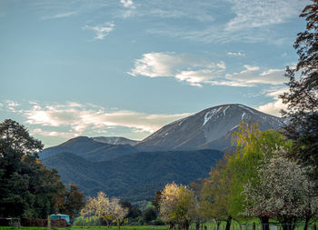 Scenic view of mountains against cloudy sky