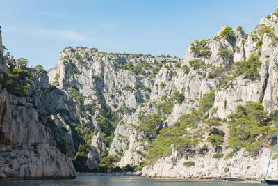 Panoramic shot of rocks by sea against sky