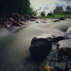 Close-up of pebbles on shore against sky