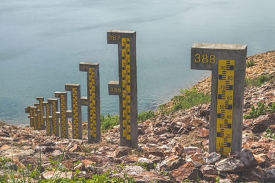 High angle view of information sign on beach