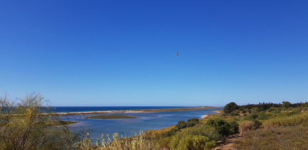 Scenic view of sea against clear blue sky