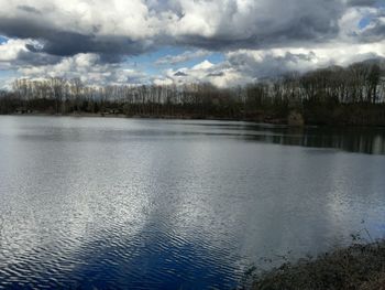 Scenic view of lake against cloudy sky