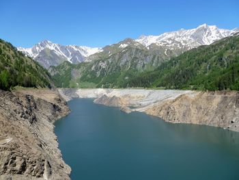 Scenic view of lake by snowcapped mountains against sky