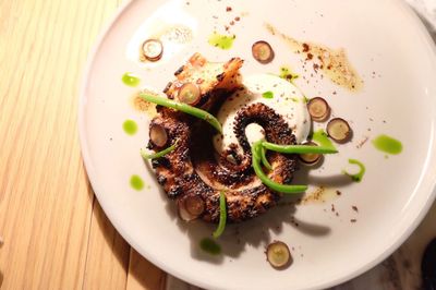 High angle view of food in plate on table