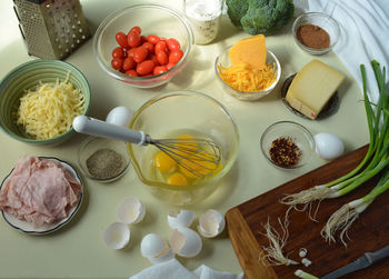 High angle view of food ingredients on kitchen counter