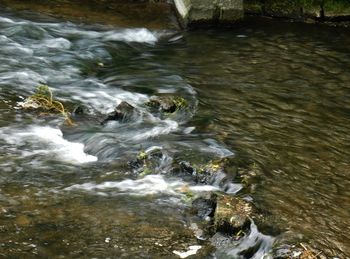 High angle view of river flowing through rocks
