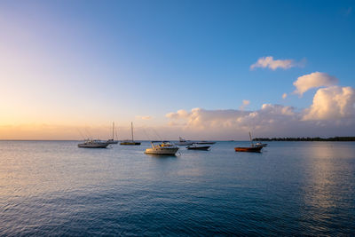 Sailboats in sea against sky during sunset